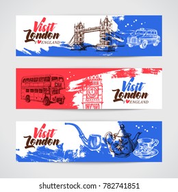 Hand drawn sketch England vintage banners. Vector London illustration. Great Britain background set