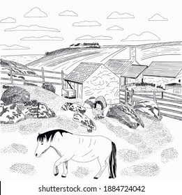 hand drawn sketch of English village with pony, landscape, farm