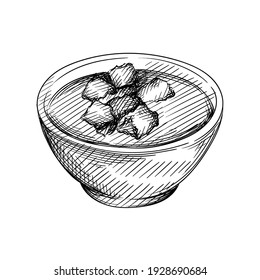 Hand drawn sketch of Erwtensoep or Snert Dutch pea soup on a white background. Dutch cuisine. Food. Meals. 