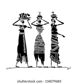 Hand drawn sketch of ethnic women with jugs
