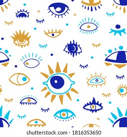 Hand drawn sketch evil eyes seamless pattern. Colorful mystic occult emblem doodle drawing. Naive art