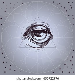 Hand drawn sketch Eye of Providence. All seeing eye. Masonic symbol. Alchemy, religion, spirituality, occultism. Vector illustration on gray background.