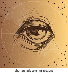 Hand drawn sketch Eye of Providence. All seeing eye. Masonic symbol. Alchemy, religion, spirituality, occultism. Vector illustration.