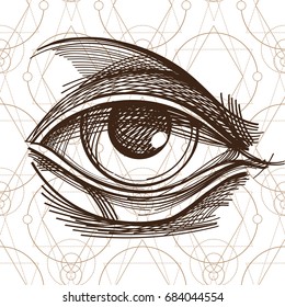 Hand drawn sketch Eye of Providence. All seeing eye. Masonic symbol. Alchemy, religion, spirituality, occultism. Monochrome vector illustration.