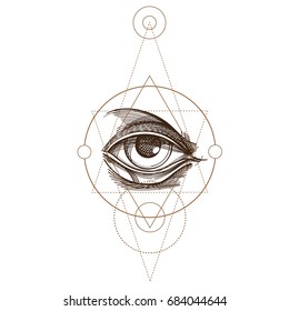 Hand drawn sketch Eye of Providence. All seeing eye. Masonic symbol. Alchemy, religion, spirituality, occultism. Monochrome vector illustration.