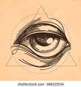 Hand drawn sketch Eye of Providence. All seeing eye. Masonic symbol. Alchemy, religion, spirituality, occultism. Vector illustration on the background of old paper.