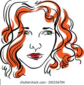 Hand drawn sketch with face of a redhead girl. Female portrait.