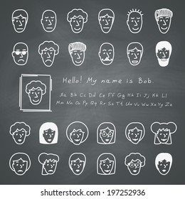 Hand drawn sketch faces. Vector avatars set on chalkboard