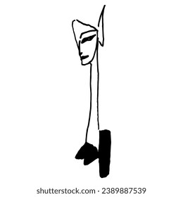Hand drawn sketch of fantastic girl with long neck. Black and white silhouette.