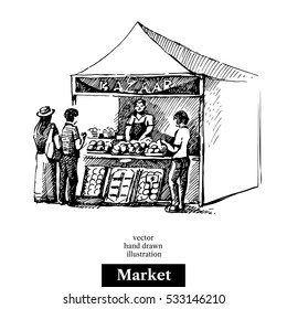 Hand drawn sketch farmers market bazaar stall vegetables fruits food counter with people. Vector black and white vintage illustration