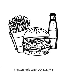 Hand Drawn Sketch of Fast Food on White Background. Retro Vintage Style of Food. Elements for Cooking Design