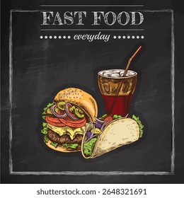 Hand drawn sketch of fast food combo: cheeseburger with vegetables, taco with greens and soda in glass. Vintage restaurant menu design on black chalkboard background, detailed colorful vector.