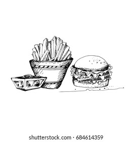 Hand Drawn Sketch of Fast Food Theme. Great for Banner, Label, Poster