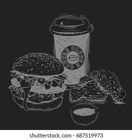 Hand drawn sketch fast food. Illustration for restaurant or cafe menu. Vintage food sketch.