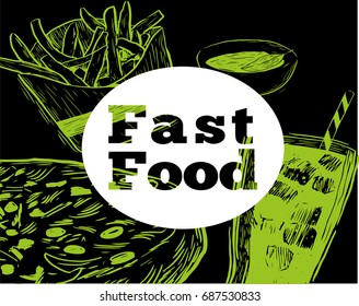 Hand drawn sketch fast food. Illustration for restaurant or cafe menu. Vintage food sketch.