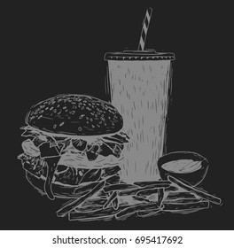 Hand drawn sketch fast food. Illustration for restaurant or cafe menu. Vintage food sketch.