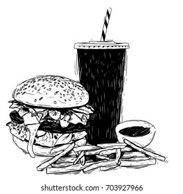 Hand drawn sketch fast food. Illustration for restaurant or cafe menu. Vintage food sketch.