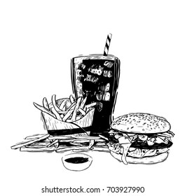 Hand drawn sketch fast food. Illustration for restaurant or cafe menu. Vintage food sketch.