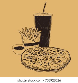 Hand drawn sketch fast food. Illustration for restaurant or cafe menu. Vintage food sketch.