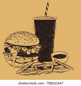 Hand drawn sketch fast food. Illustration for restaurant or cafe menu. Vintage food sketch.