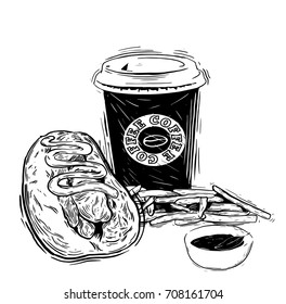 Hand drawn sketch fast food. Illustration for restaurant or cafe menu. Vintage food sketch.