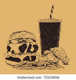 Hand drawn sketch fast food. Illustration for restaurant or cafe menu. Vintage food sketch.