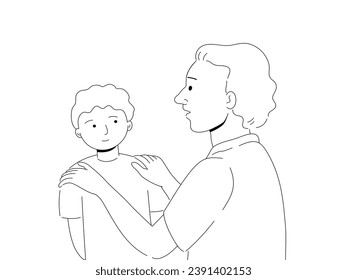 Hand drawn sketch of father talking with son and his hands on shoulder in vector outline Stroke. Father talking with son in vector Ink outline Stroke.