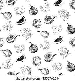 Hand drawn sketch of figs fruits with leaves. outline coloring page design seamless pattern. 
