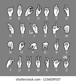 Hand Drawn Sketch of Finger Spelling The Alphabet in American Sign Language Isolated on grey Background.