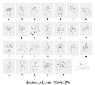 Hand Drawn Sketch of Finger Spelling The Alphabet in American Sign Language Isolated on White Background.