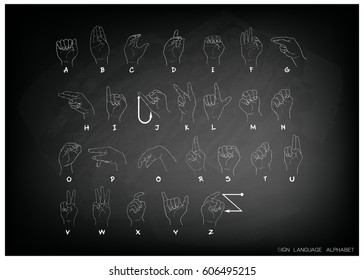 Hand Drawn Sketch of Finger Spelling The Alphabet in American Sign Language on Black Chalkboard.