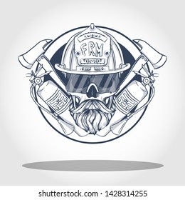 Hand drawn sketch, fireman skull with helmet, glasses, beard and mustaches, fire extinguisher and axe. Poster, flyer design
