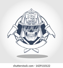 Hand drawn sketch, fireman skull with helmet, glasses and axe. Poster, flyer design