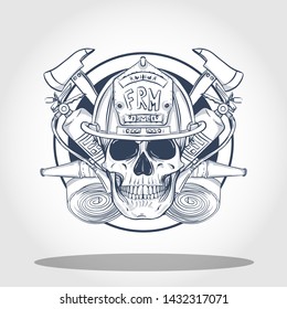 Hand drawn sketch, fireman skull with helmet, fire extinguisher, axe and firehose. Poster, flyer design