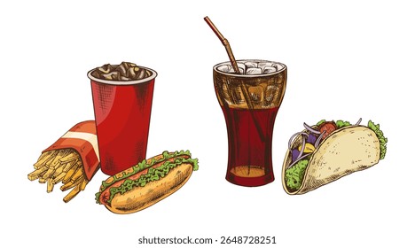 Hand drawn sketch of fizzy drinks, French fries, taco with vegetables and classic hot dog. Vintage fast food set in color, isolated on white background. Great for menu, packaging or branding.