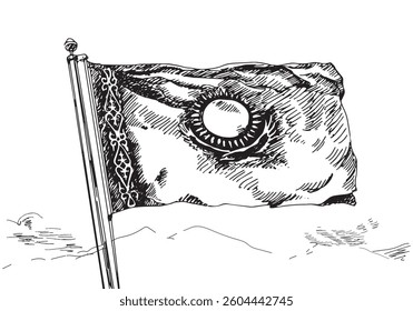 Hand drawn sketch flag of Kazakhstan on sky background, holiday - Independence Day. Vector illustration