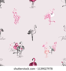 Hand drawn sketch flamingo pattern. Vector seamless background with tropical flamingo, bird of fashion and love. Pink backdrop.