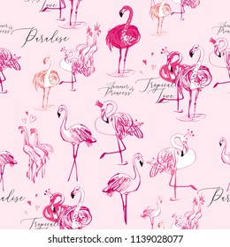 Hand drawn sketch flamingo pattern. Vector seamless background with tropical flamingo, bird of fashion and love. Pink backdrop.
