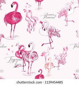 Hand drawn sketch flamingo pattern. Vector seamless background with tropical flamingo, bird of fashion and love. Pink backdrop.