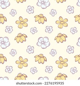 Hand drawn sketch flower seamless pattern. line art flower background.