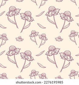 Hand drawn sketch flower seamless pattern. line art flower background.