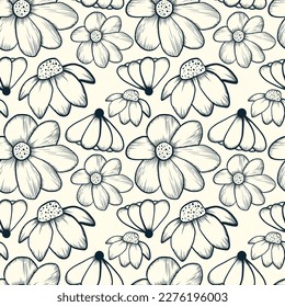 Hand drawn sketch flower seamless pattern. line art flower background.