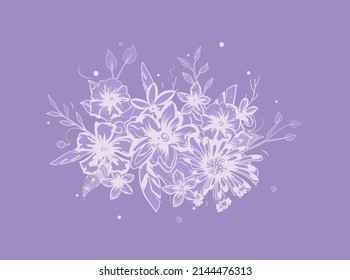 Hand drawn sketch flowers and leaves. White flower on purple backdrop with vectored sheets