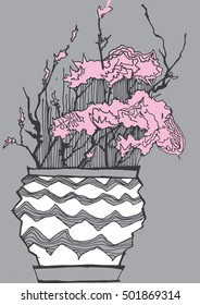 A hand drawn sketch of a flowers in pot in white, ping and dark grey colors. Can be  used as a card, illustration about nature, design, gardening,