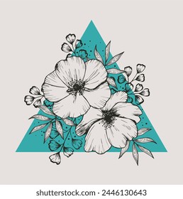 Hand drawn sketch flowers. Simple logo. Hand drawn blue trendy vector illustration. Flat design. Vintage style. Tattoo idea