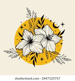 Hand drawn sketch flowers. Simple logo. Hand drawn yellow trendy vector illustration. Flat design. Vintage style. Tattoo idea