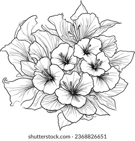 Flores dibujadas a mano y ilustración vectorial, Artes botánicas. Dibujo de línea continua dibujado a mano de flor abstracta, floral, rosa, hojas tropicales, primavera