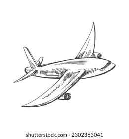 Hand drawn sketch of flying plane. Vintage vector illustration isolated on white background. Doodle drawing. Digital technology.