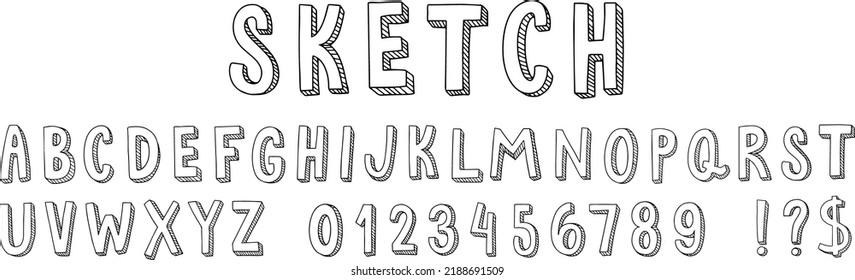 Hand drawn sketch font. Alphabet for doodle lettering, stylised numbers and letters. Perspective extrude with sketch lines vector set. Black modern latin abc with digits for school education