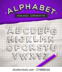 Hand drawn sketch font on a school squared notebook paper. vector illustration
